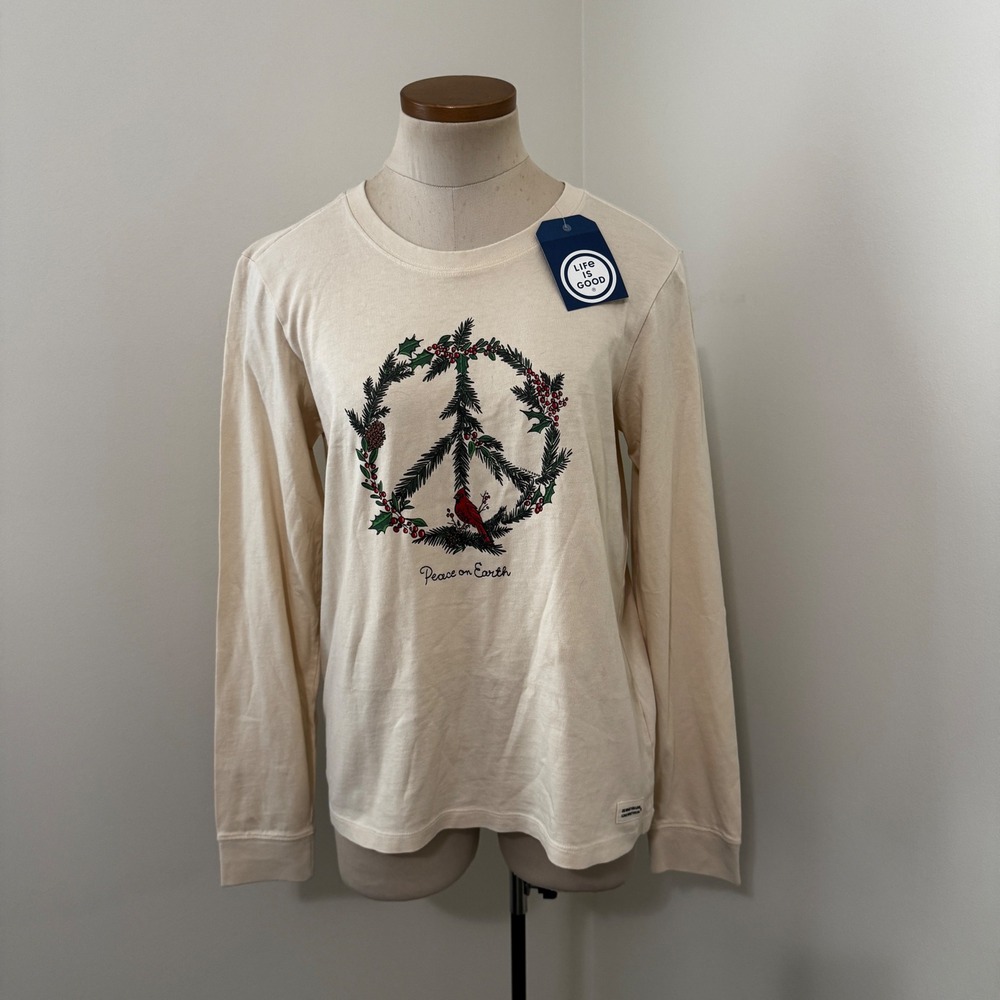 NEW Life is Good Medium Long Sleeve T-Shirt Tee Christmas Winter Peace on Earth